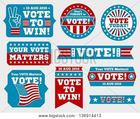 American presidential election 2016 badges and vote labels. Badges and signs for presidential election. Symbols of USA president election. Vector illustration