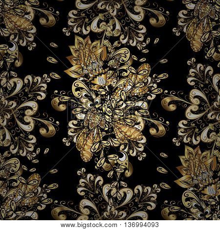 Seamless vintage pattern on black background with golden elements.