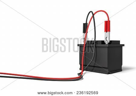 3d Rendering Of An Isolated Car Battery With Red And Black Battery Clamps Connected To Long Cables. 