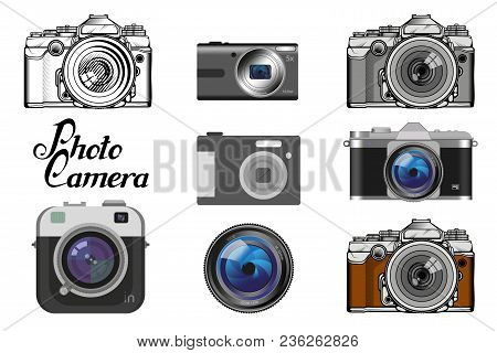 Set Of Different Camera Icon. Retro Camera Logo. Vintage Photocamera. Photo Camera Isolated On White