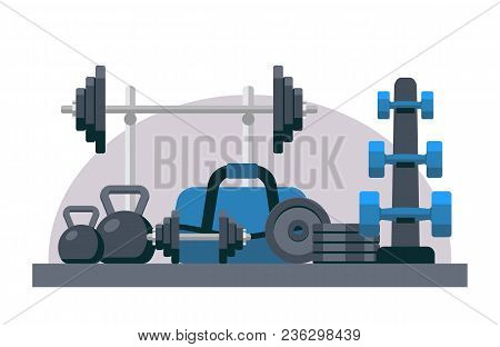 Bodybuilding Equipment. Flat Design Icons On Fitness Gym Exercise Equipment And Healthy Lifestyle Ex