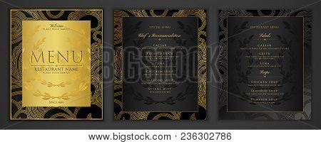 Design Restaurant Menu Template In Black Color With Gold Frame Pattern (border). Elegant Luxe Black 