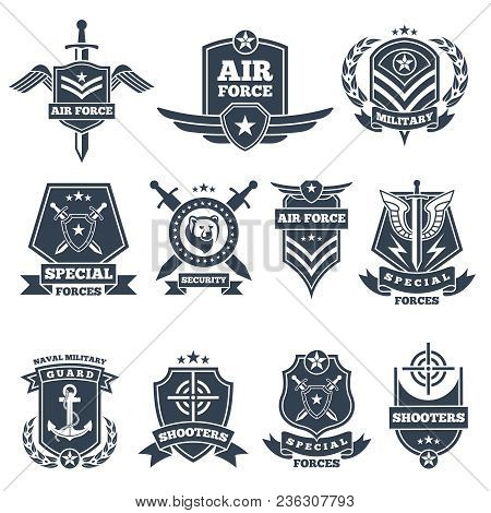 Military Logos And Badges. Army Symbols Isolated On White Background. Military Badge, Special Force 