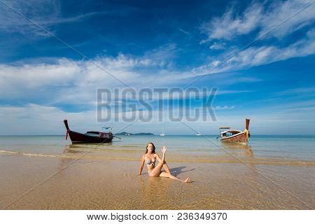 Tropical Summer Yoga Session On Beautiful Charlie Haad Farang Beach, Koh Mook Island In Thailand. Me