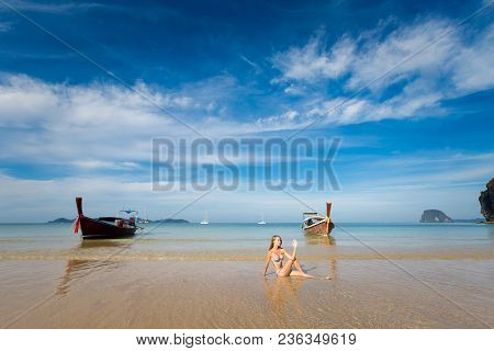 Tropical Summer Yoga Session On Beautiful Charlie Haad Farang Beach, Koh Mook Island In Thailand. Me