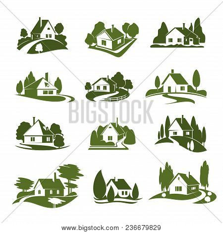 Eco Green House Icon With Tree And Lawn. Green Cottage Silhouette With Garden Plant, Path And Drivew