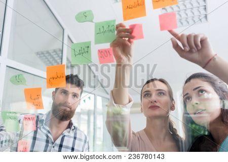 Low-angle view of reliable young workers posting reminders on the transparent wall of an office, next to their colleague in a modern co-working space