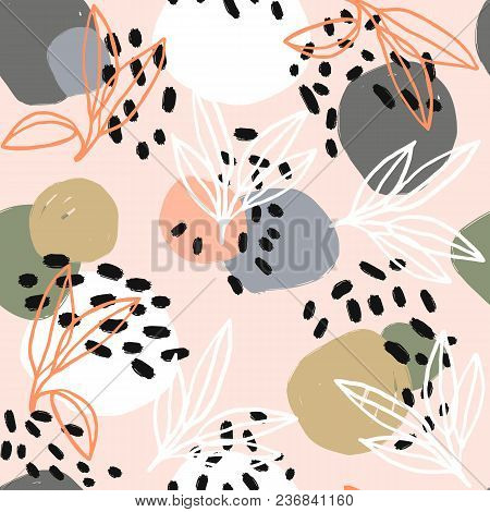 Modern Abstract Pattern Collection. Hero Pattern With Brush Strokes, Shapes And Floral Elements. Tre