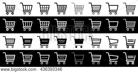 Shopping Cart Icons Set, Shopping Cart Silhouette On White And Black Background, Market Cart Vector 