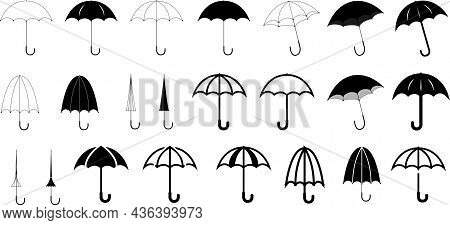 Umbrella Icon Set, Black And White Umbrella Symbol Collection, Open And Closed Umbrella Vector