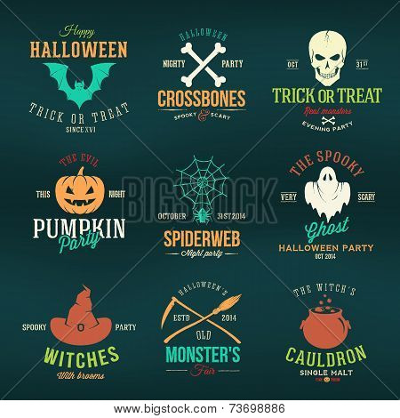 Vintage Typography Halloween Vector Color Badges or Logos Pumpkin Ghost Scull Bones Bat Spider Web a