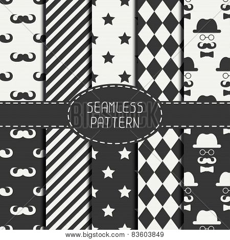 Set of monochrome hipster fashion geometri seamless pattern with mustache. Collection of paper for s