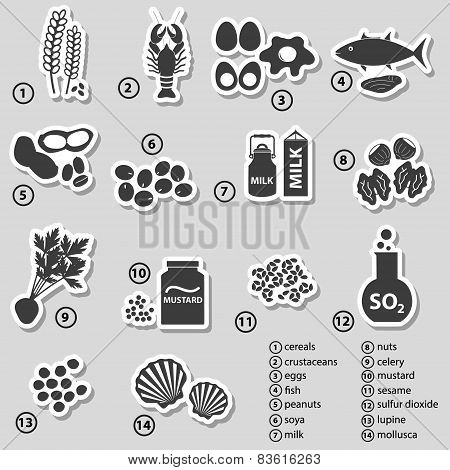 Set Of Typical Food Allergens For Restaurants Stickers Eps10