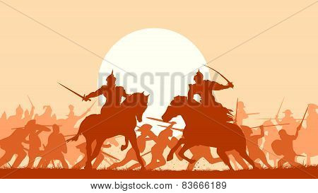 Illustration Of Medieval Battle With Fight Of Two Mounted Warriors.