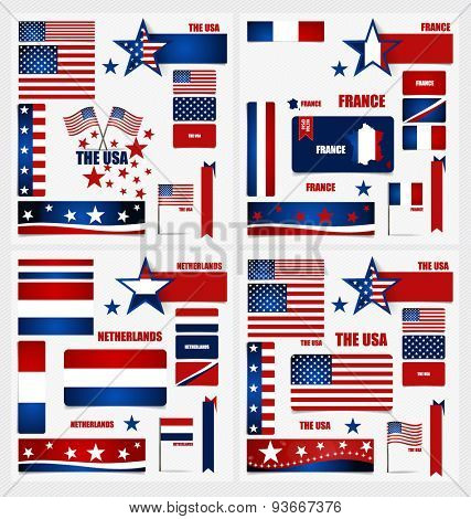 Collection of American Flags, France Flags, Netherlands Flags, Flags concept design. Vector illustration.