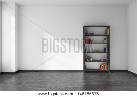 Empty room with white wall black wooden parquet floor and black wooden bookshelf with books on shelves with light from window on the wall and parquet floor minimalist interior 3D illustration