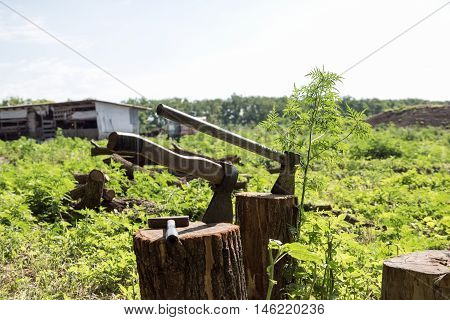 Axe in a log. Axe sticking in a log outdoors. Closeup of the axe on the background of green grass.