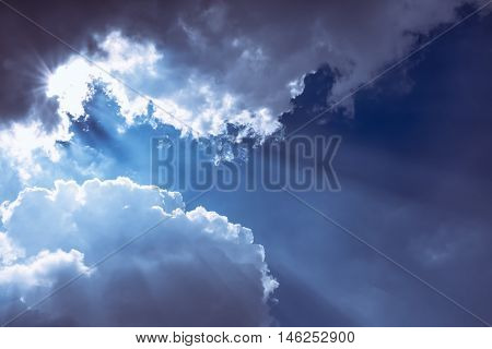 Attractive photo of beautiful blue sky with cloudy and sunbeam. Outdoor at the daytime. Natural sky composition. Beautiful nature use as background.