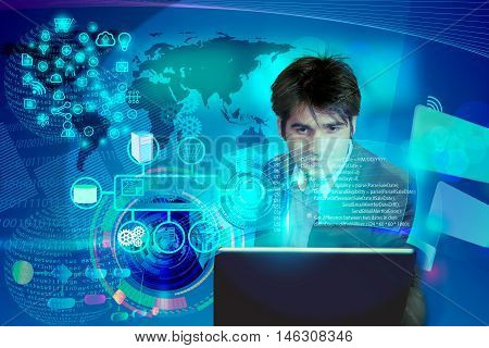 illustration of software engineer analyzing the code with enterprise system integration concept, this also used for business man reviewing annual results, architect presenting software designs