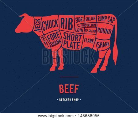 Meat cuts. Diagrams for butcher shop. Scheme of beef. Animal silhouette beef. Vector illustration.