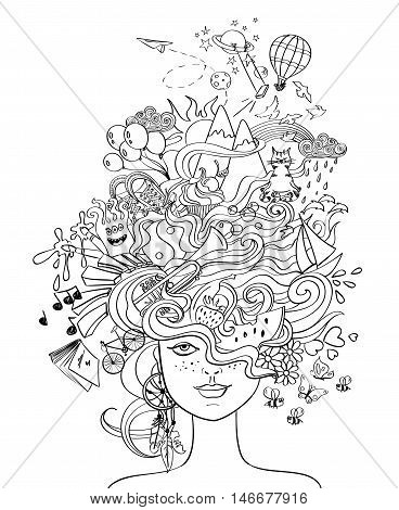 Portrait of young beautiful girl with crazy psychedelic hair and her dreams wishes hobbies - lifestyle concept. Creative adult coloring book page.