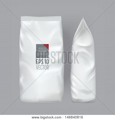 Isolated foil bag, blank food packaging. Foil bag for chips, coffee, sachet, cookies, sweet. Packaging mockup. Packaging template. Blank food packaging. 3d realistic food package. Vector packaging. Package for food. Packaging ready for design. Chips bag