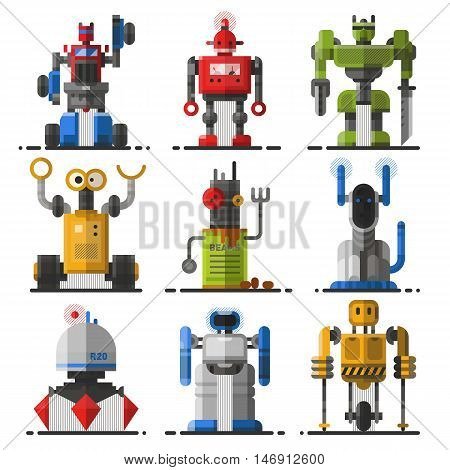 Set of cute vintage robots vector. Robots technology machine future science toys. Cyborg futuristic design robotic toy robots. Collection cute element icon character, cartoon robots.