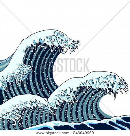 Vector Japanese Waves Illustration, Traditional Asian Art, Painting, Hand Drawn Sea. Blue Waves Illu