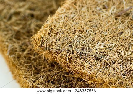 Coconut Coir. Grated Coconut Shell For The Production Of Mattresses. Texture, Natural Background. Co