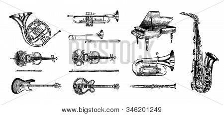 Jazz Classical Wind Instruments Set. Musical Trombone Trumpet Flute Bass Guitar Semi-acoustic French