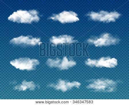 White Clouds On Transparent Background, Vector Cloudy Sky, Foggy Air, Thunder Cloudscape And Fluffy 