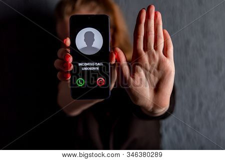 Phone Call From Unknown Number. Scam, Fraud Or Phishing With Smartphone Concept. Prank Caller, Scamm