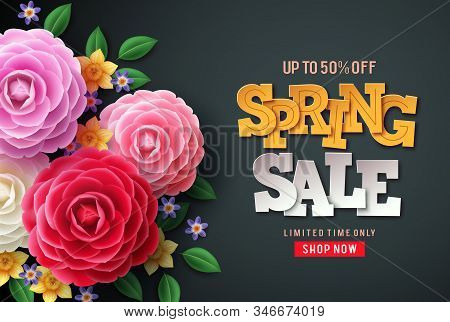 Spring Sale Vector Flowers Background. Spring Sale Text, Colorful Camellia Flowers And Crocus Flower