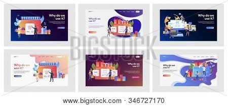 Set Of Casual People Buying Things Online. Flat Vector Illustrations Of Men And Women Doing Shopping