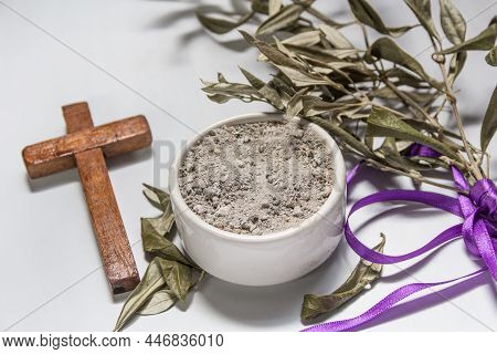 Bowl With Ashes, Olive Branch And Cross, Symbols Of Ash Wednesday