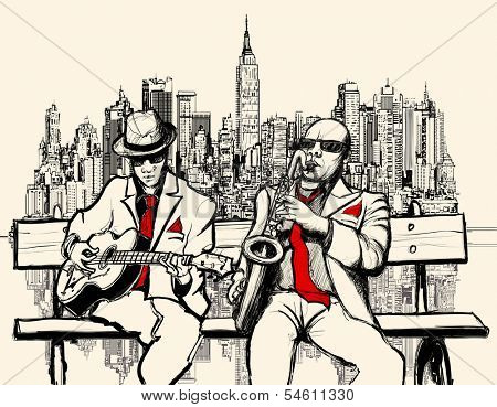 Vector illustration of two jazz men playing in New York - saxophone and guitar