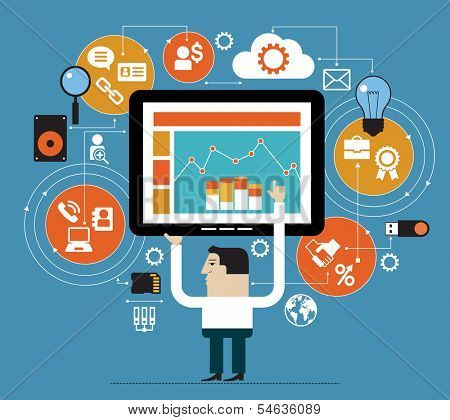 Business people in the online space. Marketing network concept. Abstract illustration of man, tablet and interface icons. Business technology