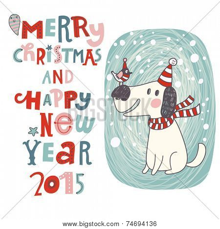 Merry Christmas and Happy New Year background in vector. Cartoon holiday card with cute dog and bird