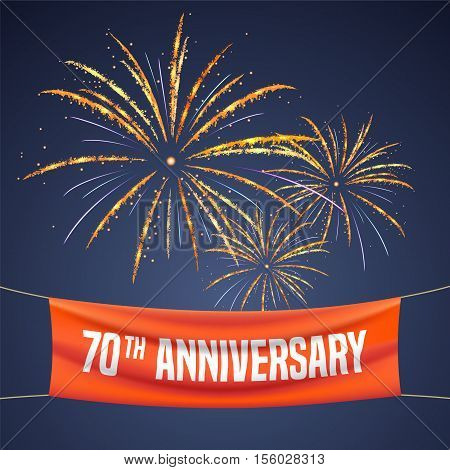 70 years anniversary vector illustration banner flyer logo icon symbol invitation. Graphic design element with fireworks for 70th anniversary birthday greeting event celebration