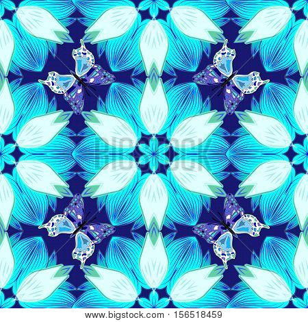 Seamless Pattern With Mandalas. Vector Ornaments Blue Background