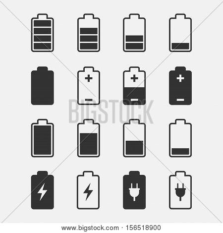 Battery icons vector set of isolated from the background. Symbols of battery charge level full and low. The degree of battery power.