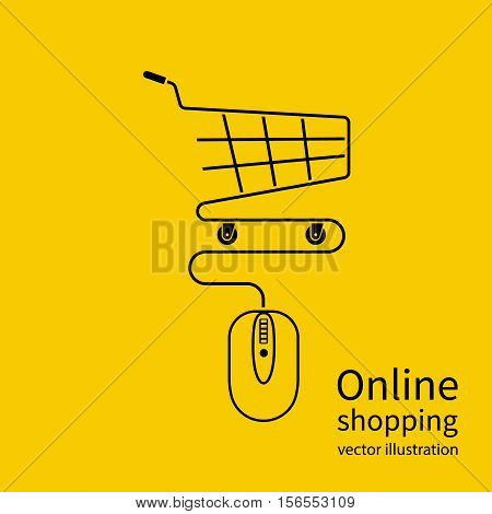 Online shopping concept. Vector illustration minimal design. Computer mouse connect to the shopping basket. Modern technology e-shopping. Purchases in internet. E-commerce.