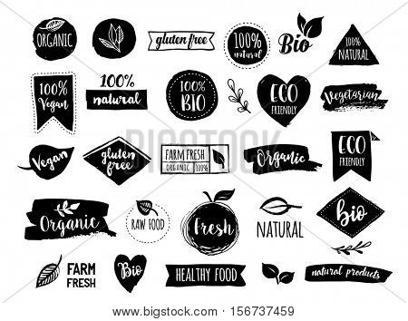 Bio, Ecology, Organic logos and icons, labels, tags. Hand drawn bio healthy food badges, set of raw, vegan, healthy food signs, organic and elements set