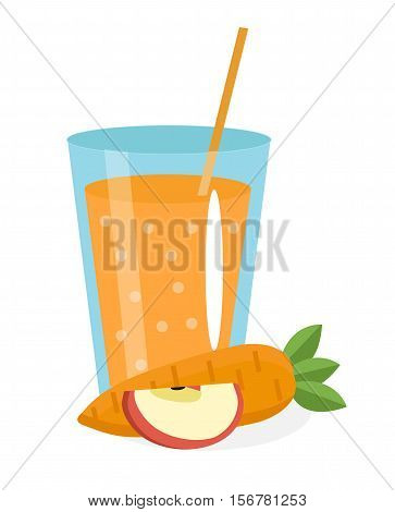 Carrot and apple juice in a glass. Fresh carrot and apple juice isolated on white background. Fresh carrot juice icon. Carrot-apple drink. Carrot-apple cocktail smoothie. Vector illustration