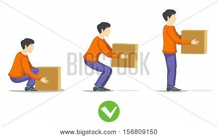 Safety correct lifting of heavy box vector illustration. Instruction correct lifting load, right work lifting item