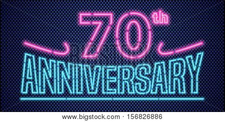 70 years anniversary vector illustration banner flyer logo icon symbol advertisement. Graphic design element with vintage style neon font for 70th anniversary birthday card