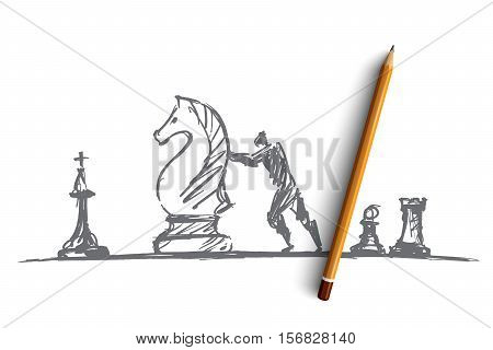 Vector hand drawn chess people concept sketch with pencil over it. Man trying to move huge chess knight