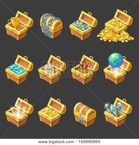 Treasure chests isometric cartoon set with golden coins jewelry medieval weapon on black background isolated vector illustration