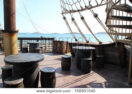 The deck of a pirate ship.
Fragments of a pirate ship on a background of blue sky.