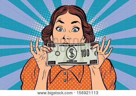 Surprised beautiful retro woman, banknote hundred dollars, pop art vector illustration